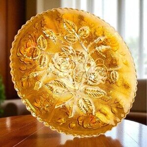 Imperial Open Rose Amber Carnival Glass 10.5" Cake Plate Serving Platter Floral